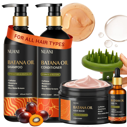 Nuani Batana Oil Shampoo and Conditioner Set (16 fl oz / 470 ml) with Rosemary & Caffeine | Includes Deep Mask, Hair Oil & Silicone Scalp Massager | Beauty & Personal Care Nuani