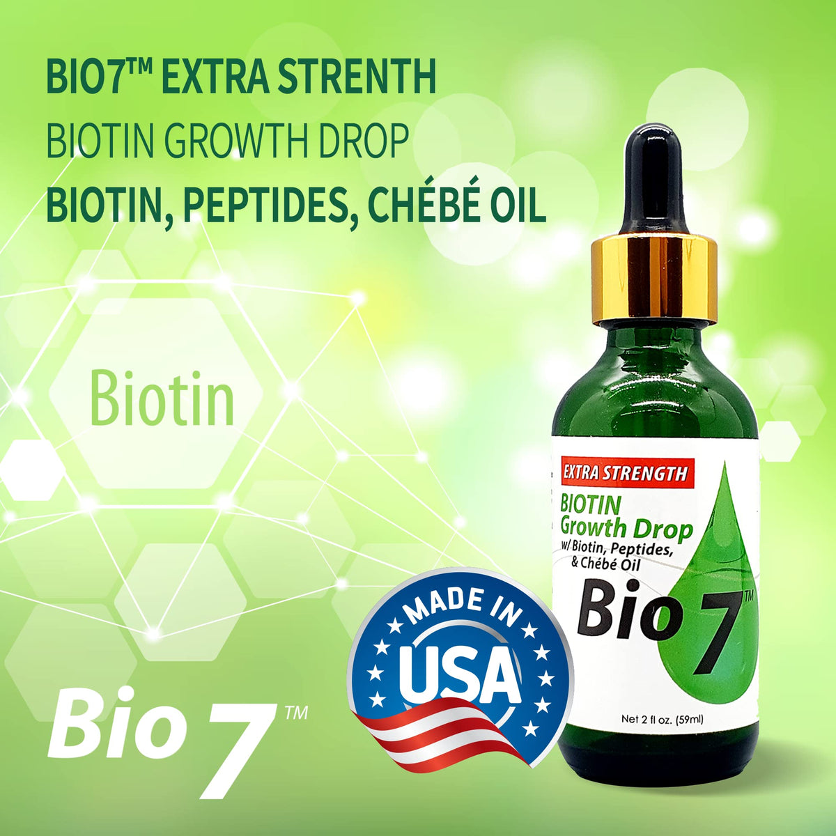 BIO7 Biotin Growth Drops Extra Strength with Chebe Oil, 2 Fl Oz