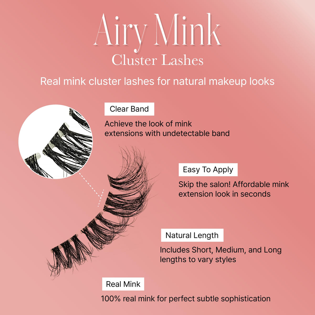 VLuxe Airy Mink Lash Cluster, 100% Real Mink False Eyelash Extension, Lightweight Clear Invisible Band for Natural Look, DIY Customizable Multi-Length