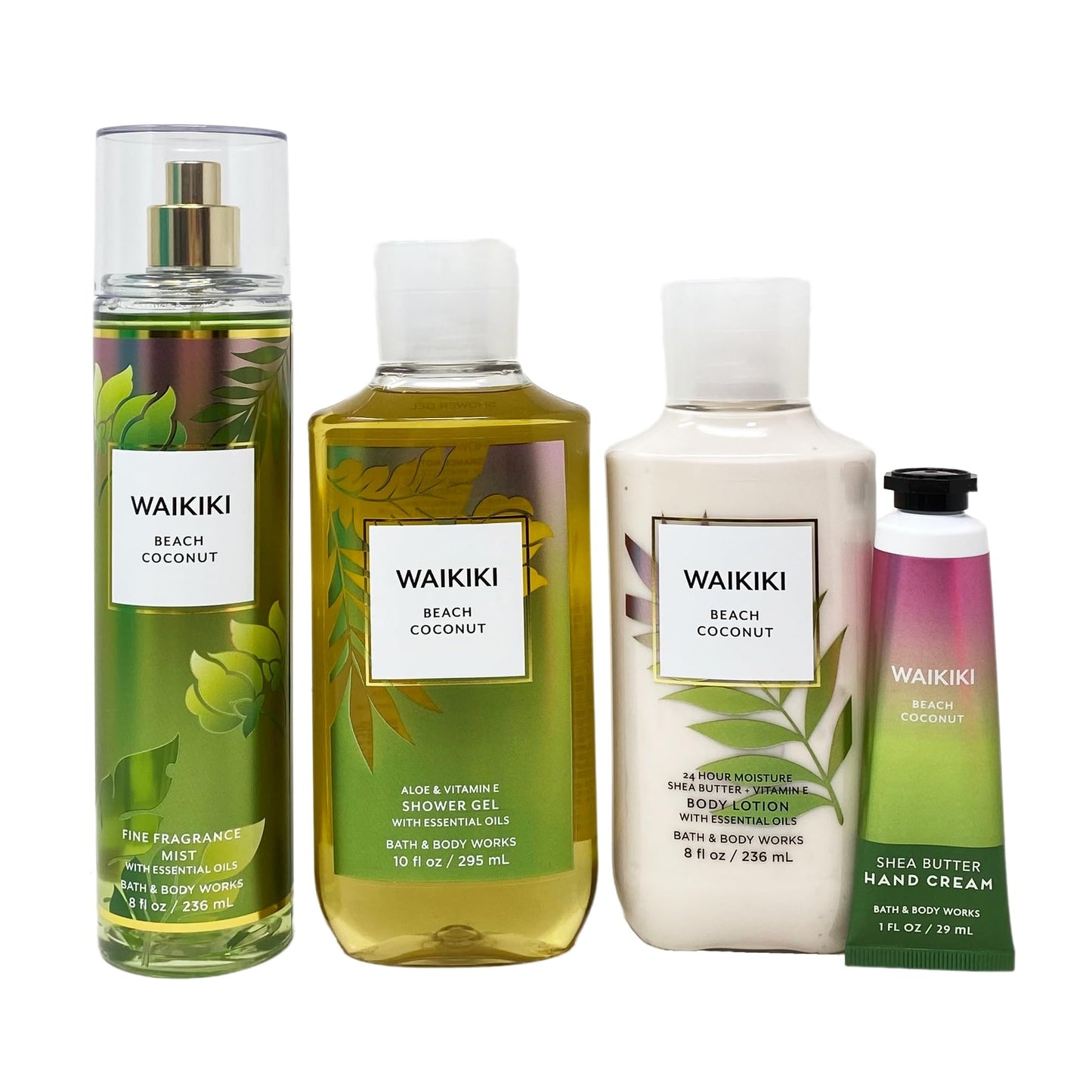 Bath & Body Works Waikiki Beach Coconut 4 Piece Gift Bag Set with a Creamy Rose Bar Soap - Full Size Beauty and Personal Care Bath & Body Works