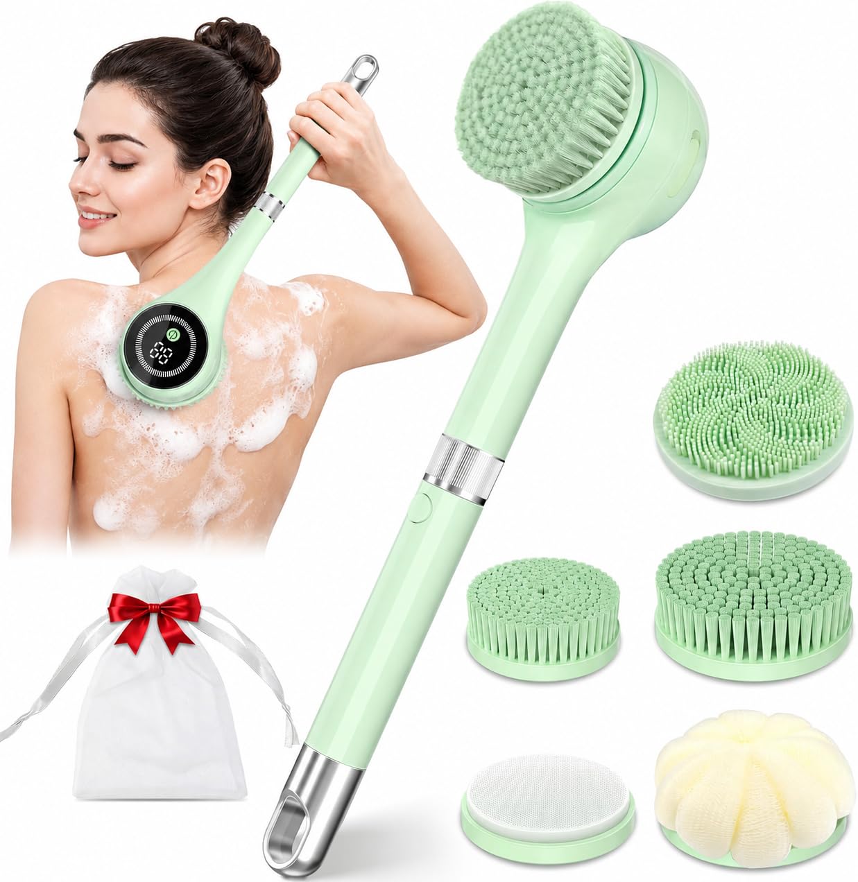 Electric Body Brush Back Scrubber for Shower, Waterproof Long Handle Power Auto Body Scrubber with 5 Heads, 3-Speed Rechargeable Bath Brush for Women Beauty and Personal Care LUBEJR