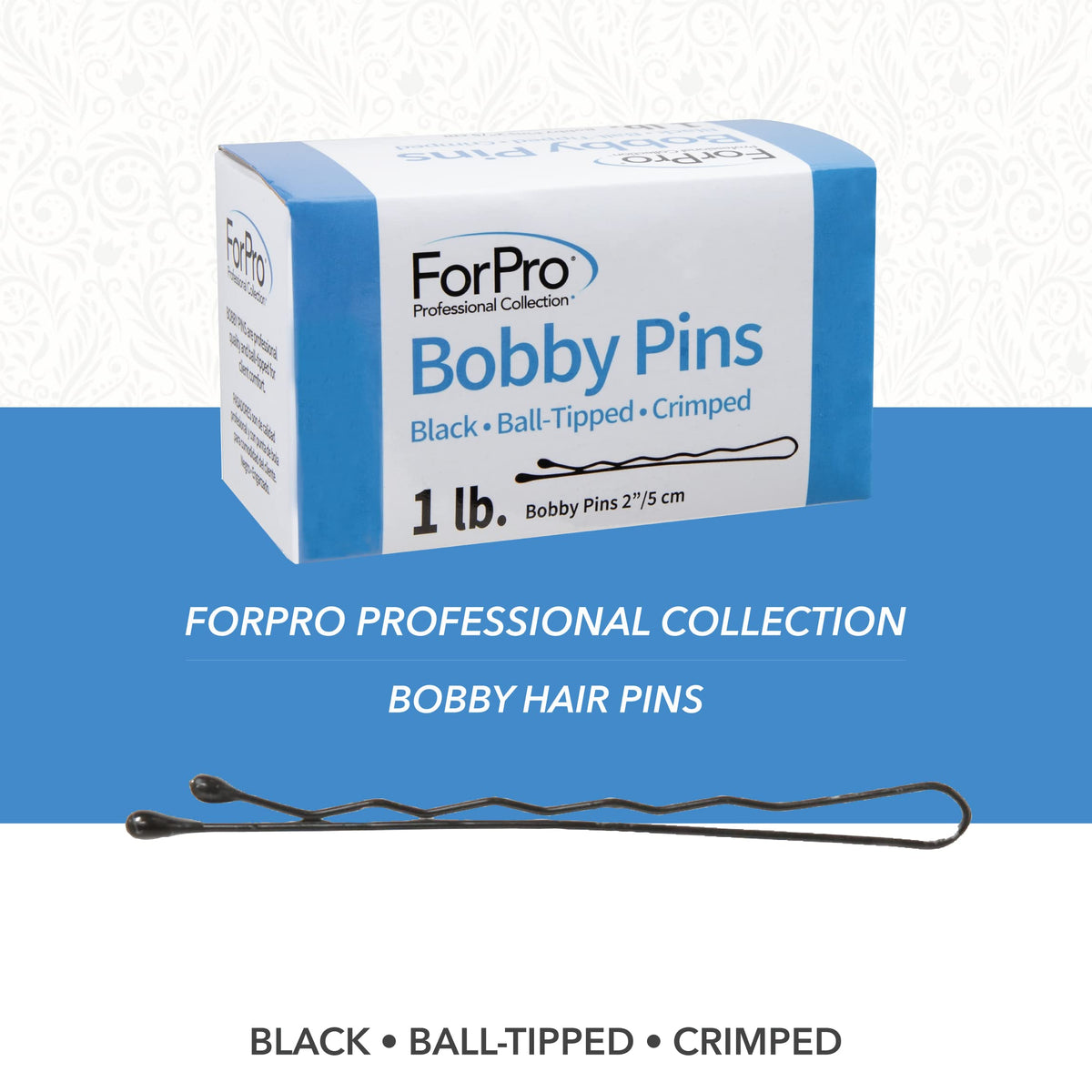 ForPro Bobby Pins, 1lb/400ct, 2"L, Black, Ball-Tipped, Crimped, Non-Slip