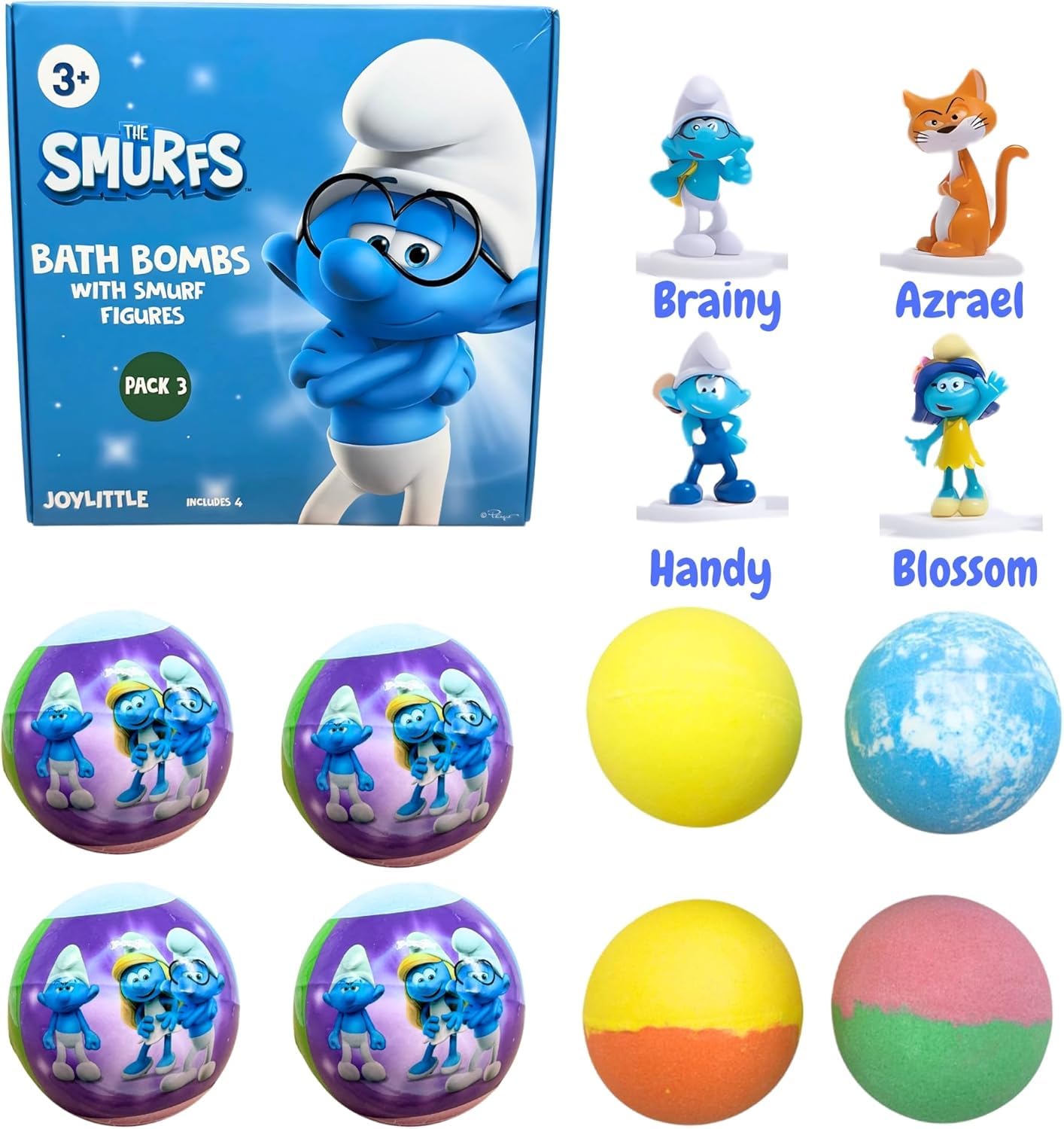 The Smurfs Bath Bombs with Action Figures-Brainy, Handy Smurf, Blossom, and Azrael (Pack 3) Beauty and Personal Care Joylittle