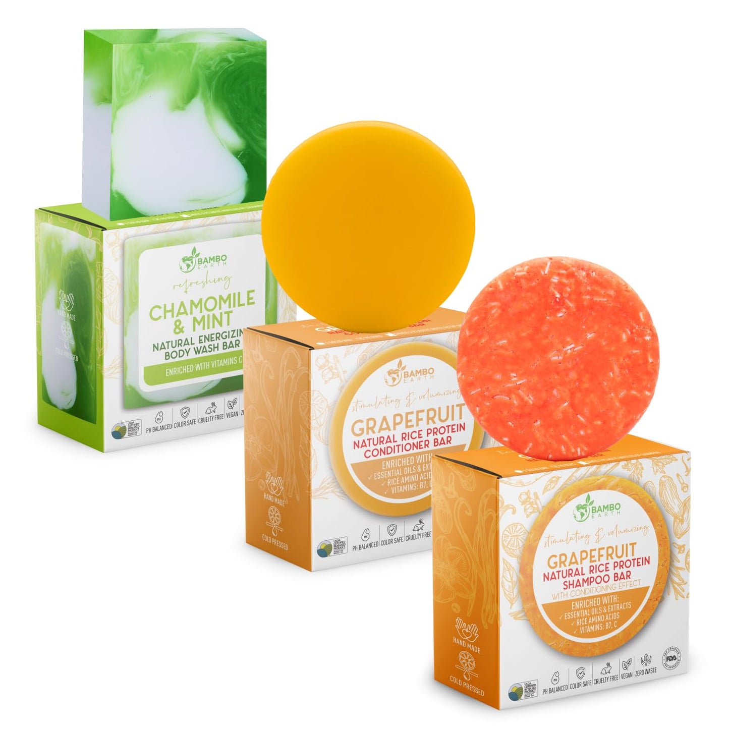 Solid Rice Protein Shampoo, Conditioner and Body Wash Bundle | Shampoo, Conditioner & Wash Bars For Hair and Body w/All Natural Essential Oils & Zero Beauty & Personal Care BAMBOEARTH