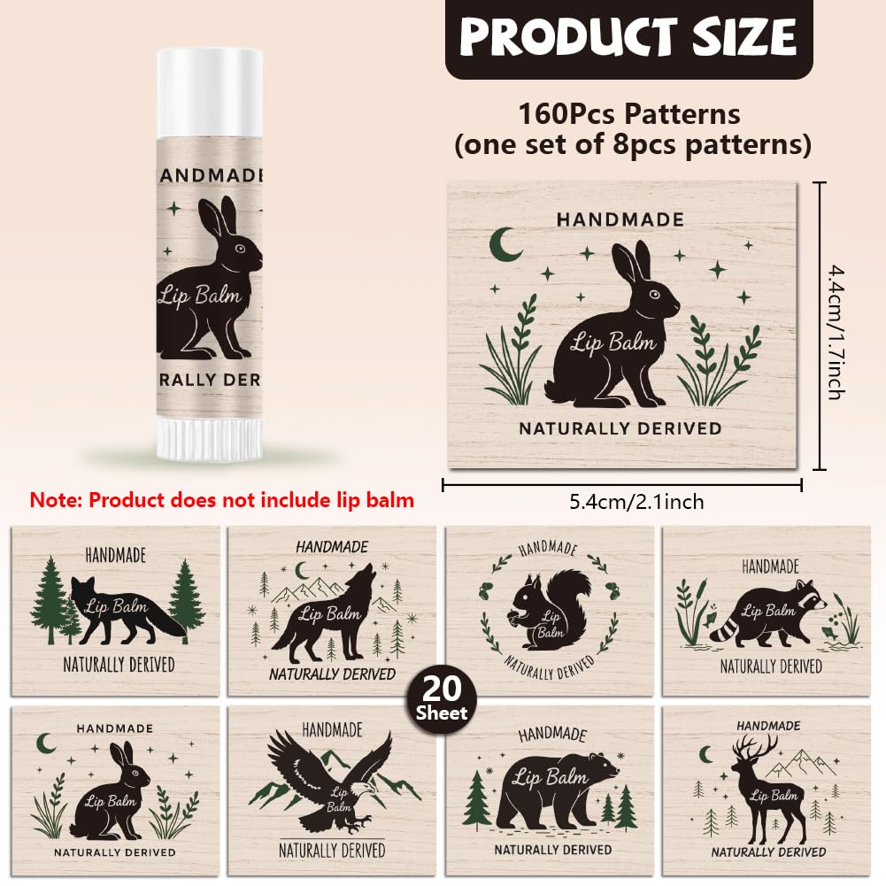 Peacoblue 160Pcs Lip Balm Labels Sticker for Tubes 2.1"x1.7" Forest Animal Silhouettes, 8 Styles Waterproof Chapstick Labels Glossy for Homemade Lip Beauty and Personal Care peacoblue