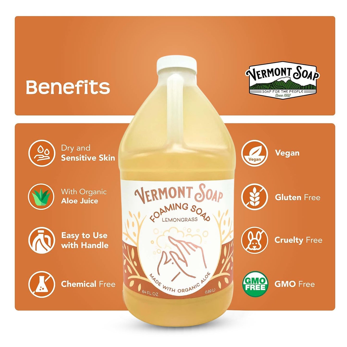 VERMONT SOAP Organic Lemongrass Zen Foaming Hand Soap - Natural Moisturizing Soap for Dry Skin - Fragrance Free Liquid Bathroom Hand Soap - Lemongrass Beauty & Personal Care VERMONT SOAP