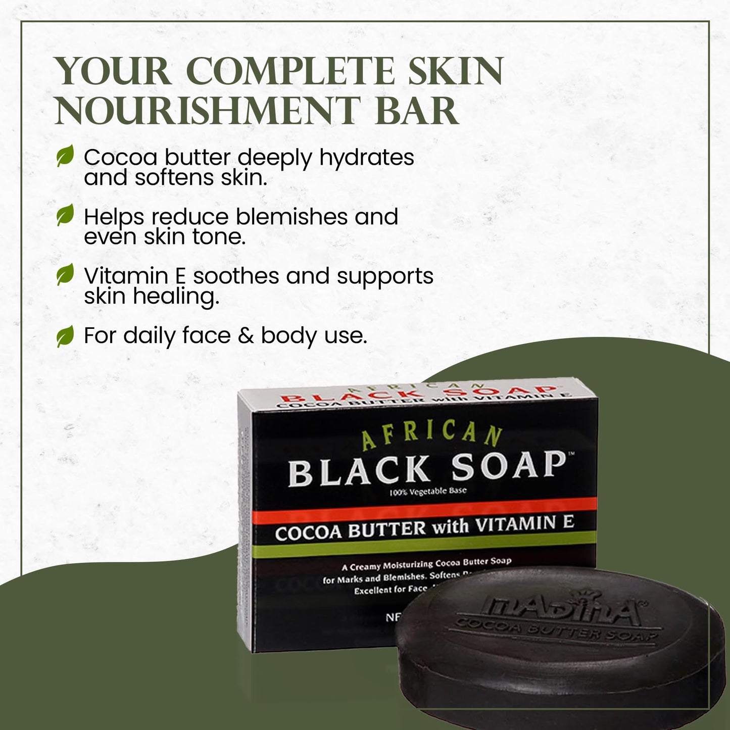 Madina African Black Soap Bar - Cocoa Butter, Vitamin E, Moisturizing, Skin-Restoring, Marks & Blemishes, Face & Body Cleanser, 100% Vegetable-Based Beauty & Personal Care Madina