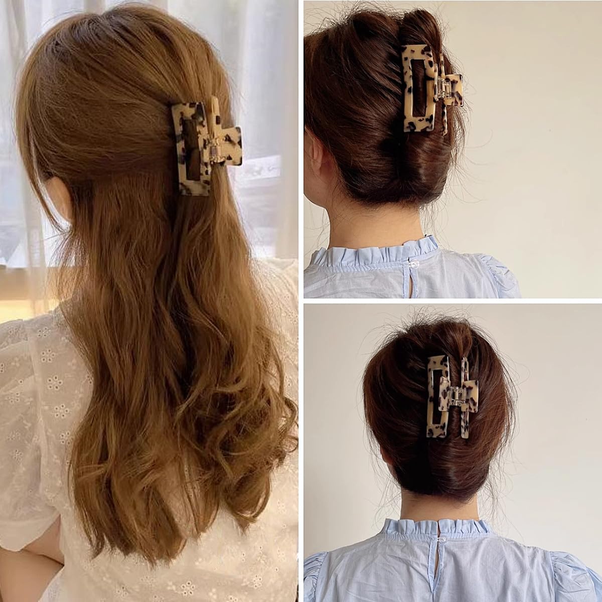 3 inch Hair Claw Clips Cutout Tortoise Shell Celluloid Hair Jaw Clips French Design Rectangle Hair Clamp for Women Ladies Mother (2 Pack) Beauty & Personal Care Textention