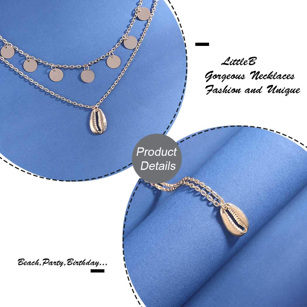 LittleB Boho Layered Shell Pendant Necklace Gold Sequins Necklaces Chain Jewelry for Women and Girls Beauty & Personal Care LittleB
