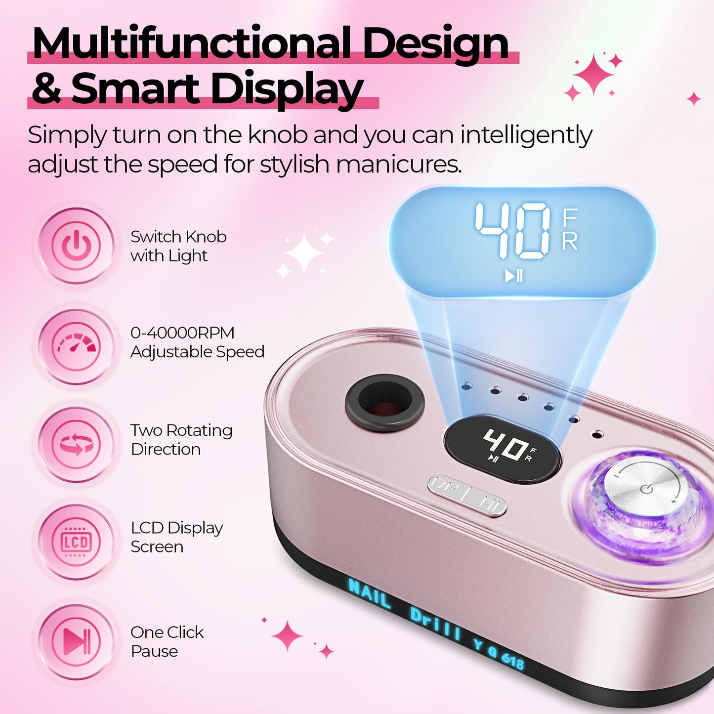 JOSGLOI 40000RPM Electric Nail File Drill Professional Kit, Drill Machine with LCD Display, Manicure Pedicure Polishing Acrylic Gel Nail Grinder Beauty and Personal Care JOSGLOI