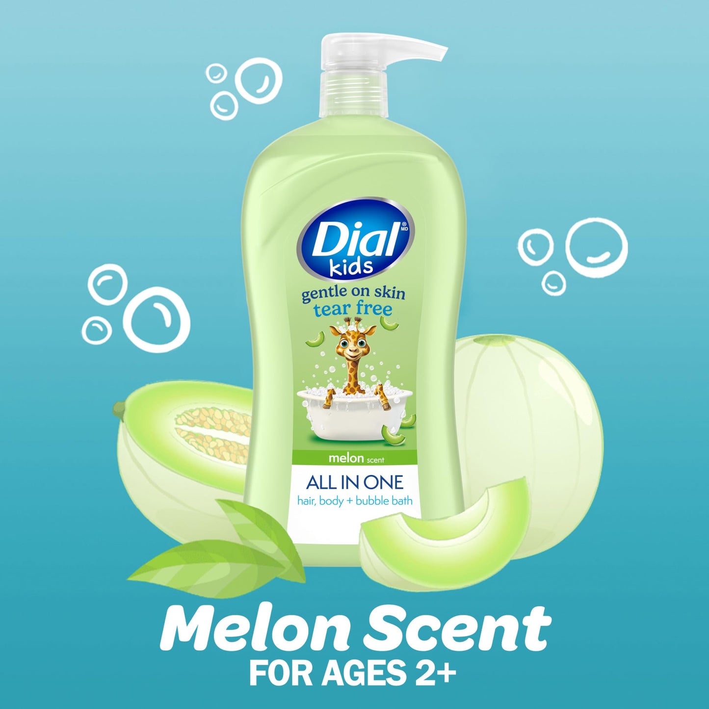 Dial Kids All-in-1 Body Wash + Hair + Bubble Bath, Melon Scent, 32 Fl Oz, Hypoallergenic Body Wash & Shampoo, No Tears Formula for Kids 2+ Years, No Beauty & Personal Care Dial