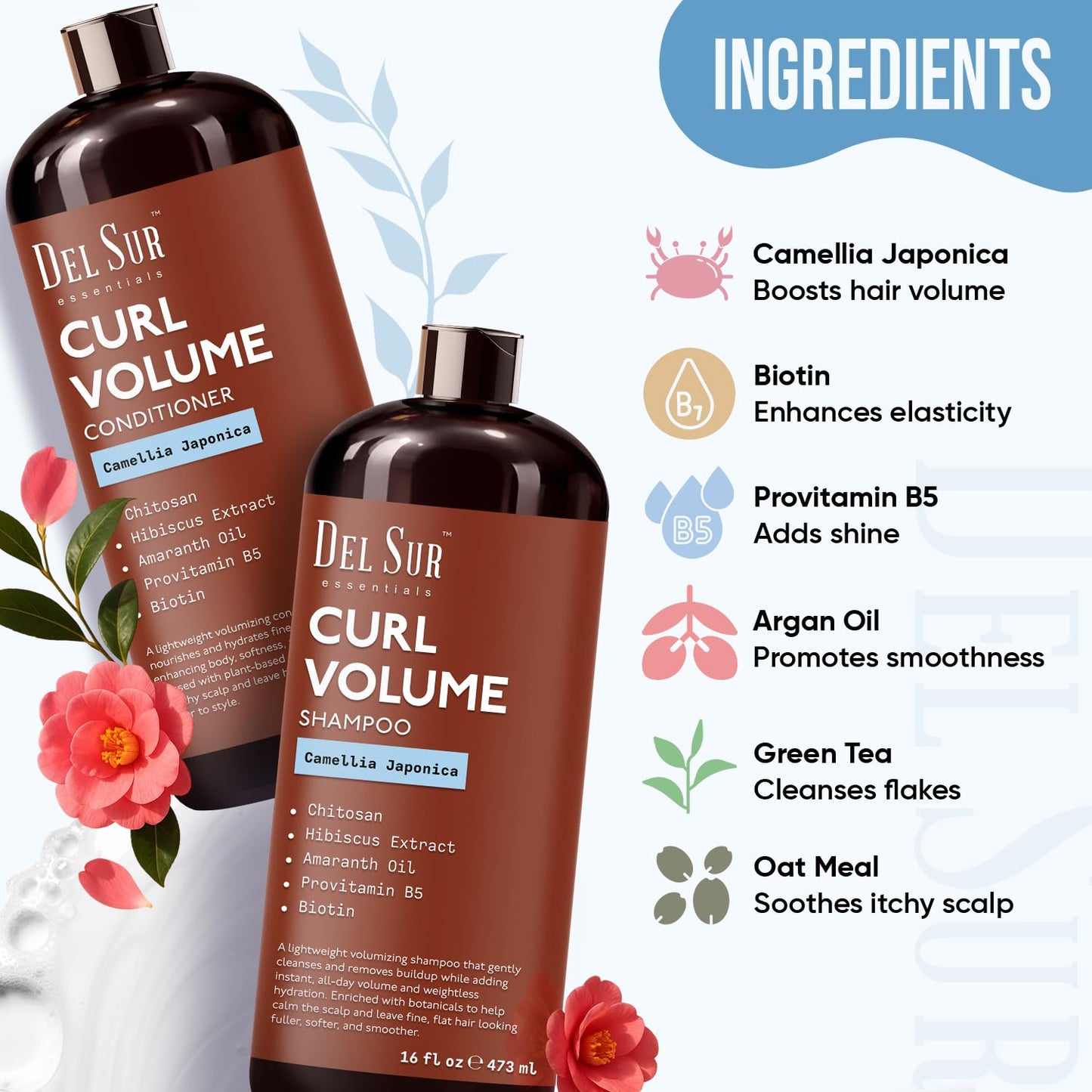 DEL SUR Curly Hair Shampoo and Conditioner Set | Curl Defining, Volume & Hydration | 16 fl oz Each | with Camellia Japonica, Hibiscus & Amaranth Oil | Beauty & Personal Care DEL SUR
