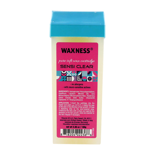 Waxness Sensi Clear Pure Soft Wax Cartridge 3.38 oz (100 g) - Rosin-Free Clear Gel Strip Wax with Neuro-Active Comfort Complex, Roll-On for Face Beauty and Personal Care Waxness