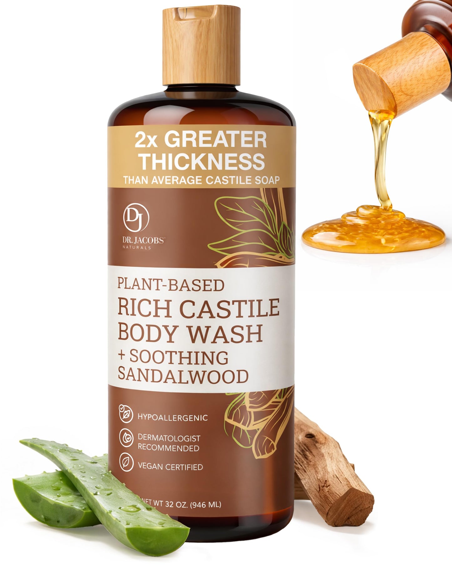 Dr. Jacobs Naturals Castile Sandalwood All-Natural Body Wash for Moisturizing Dry and Sensitive Skin with Plant-Based Ingredients with Pump - 32 Ounce Beauty & Personal Care DR.JACOBS NATURALS
