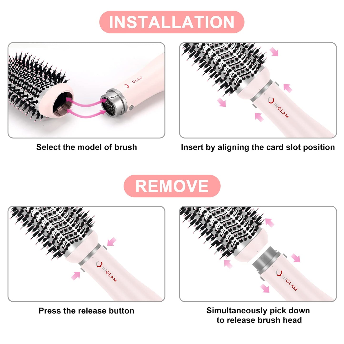 IG INGLAM 4 in 1 Blowout Hair Dryer Brush Set - Negative Ion Detachable Hair Dryer, Volumizer Styler with 2 Brush Heads, Pink Beauty & Personal Care IG INGLAM