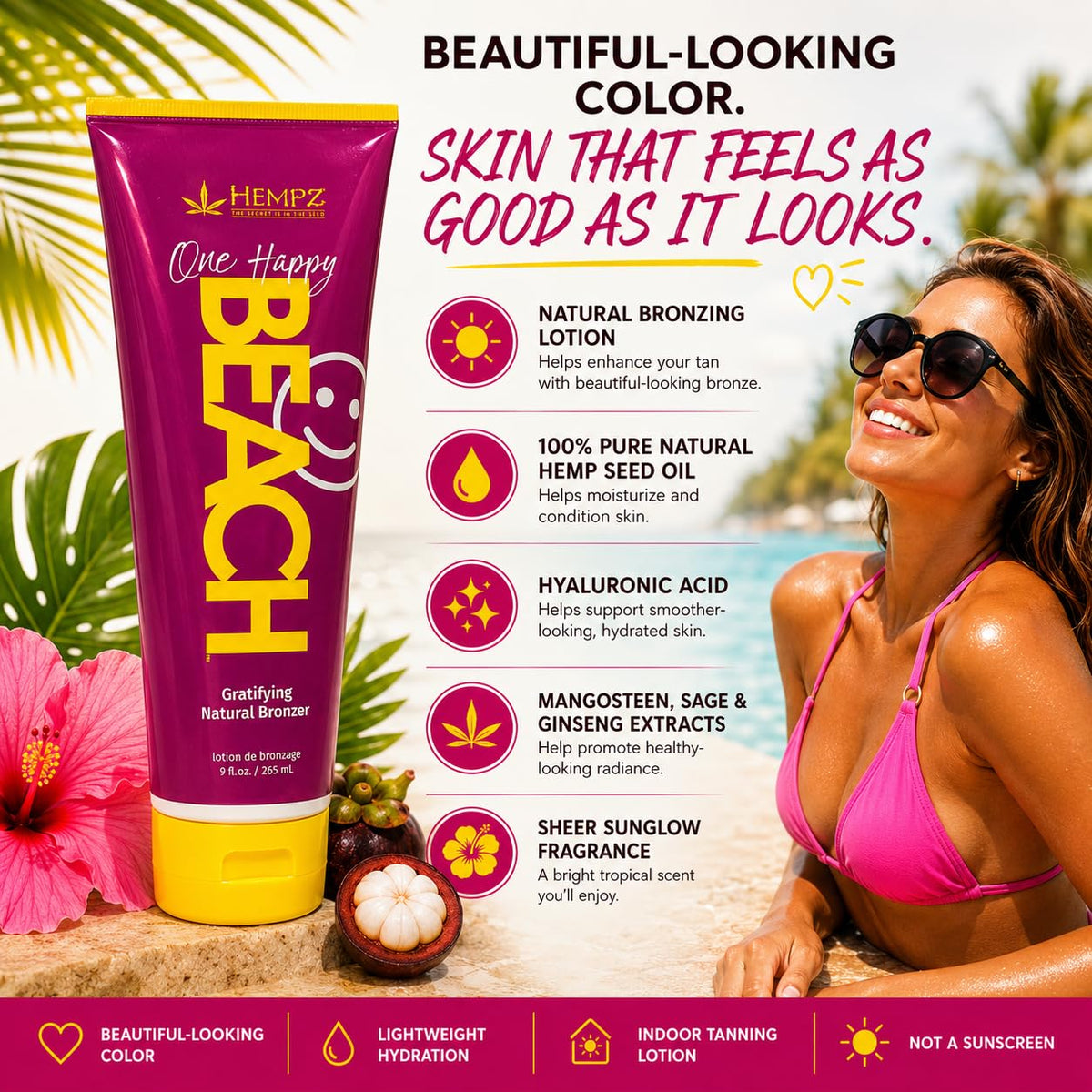 HEMPZ Tanning Lotion - One Happy Beach Gratifying Natural Bronzer - Moisturizing Self-Tanning Lotion for Tanning Beds, Beach, Sun - 9 Fluid ounces