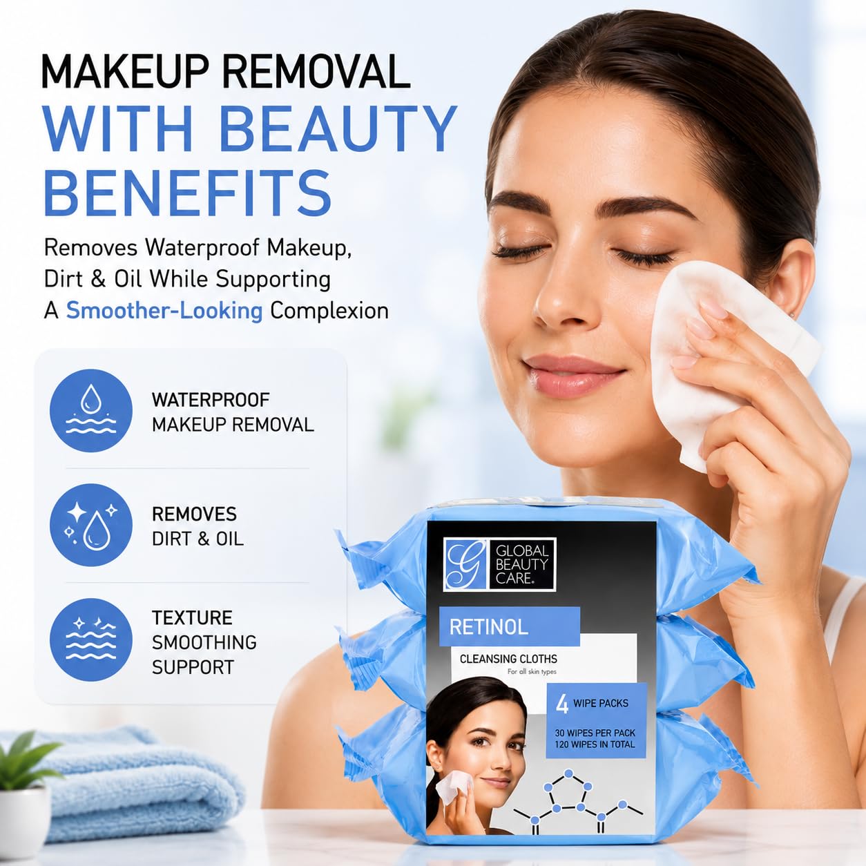 Global Beauty Care Retinol Makeup Remover Wipes with Collagen Renewing Support - Facial Cleansing Cloths, Remove Waterproof Mascara, Oil & Dirt Beauty & Personal Care Global Beauty Care