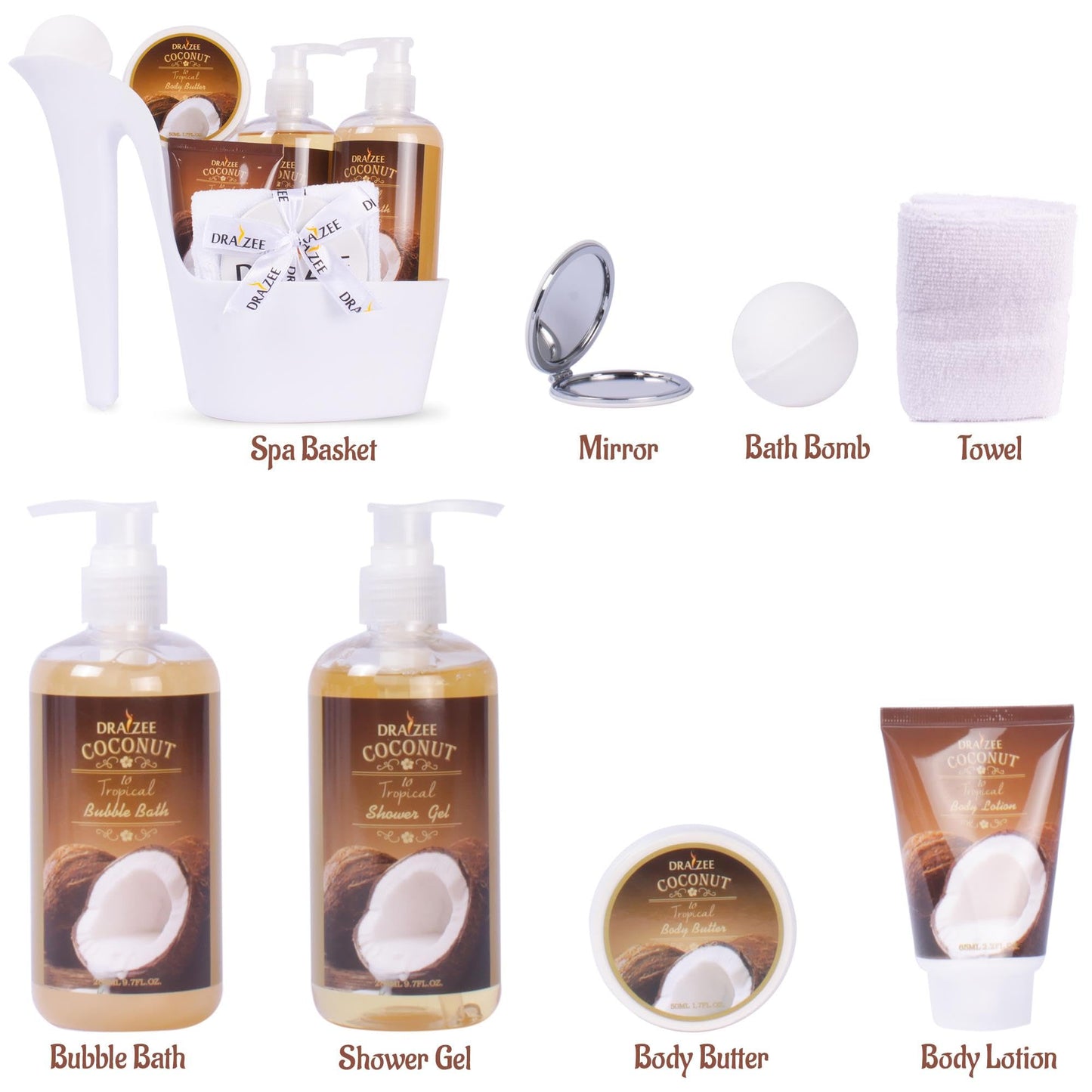 Gift Set for Her - 8 Pcs Luxury Coconut Scented Heel Shoe Bath and Body Spa Basket - Shower Gel, Bubble Bath, Body Butter, Lotion & More - Gift Beauty & Personal Care Draizee