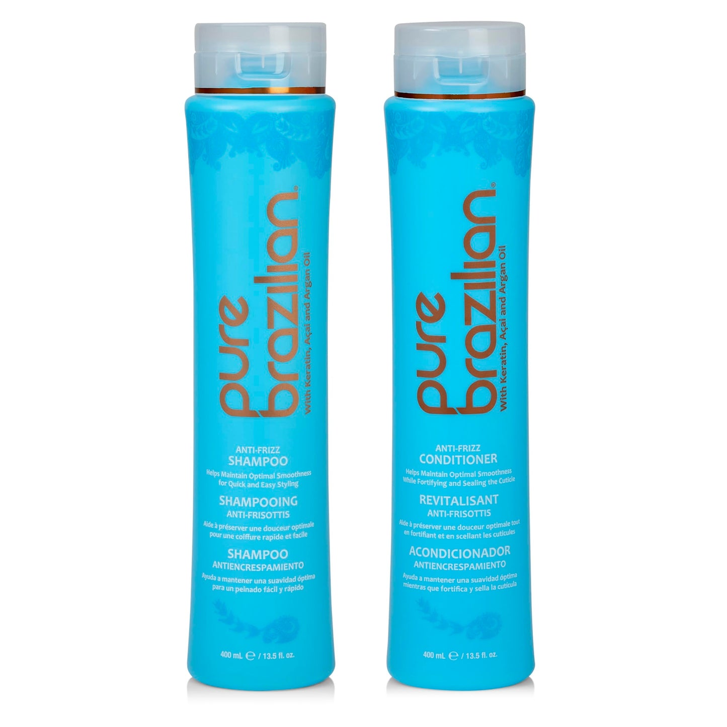 Pure Brazilian Anti-Frizz Daily Shampoo & Conditioner, Salt-Free & Color Safe, Enriched with Keratin, Argan Oil & Acai, 13.5 Ounce (400 Milliliter) Beauty & Personal Care Pure Brazilian