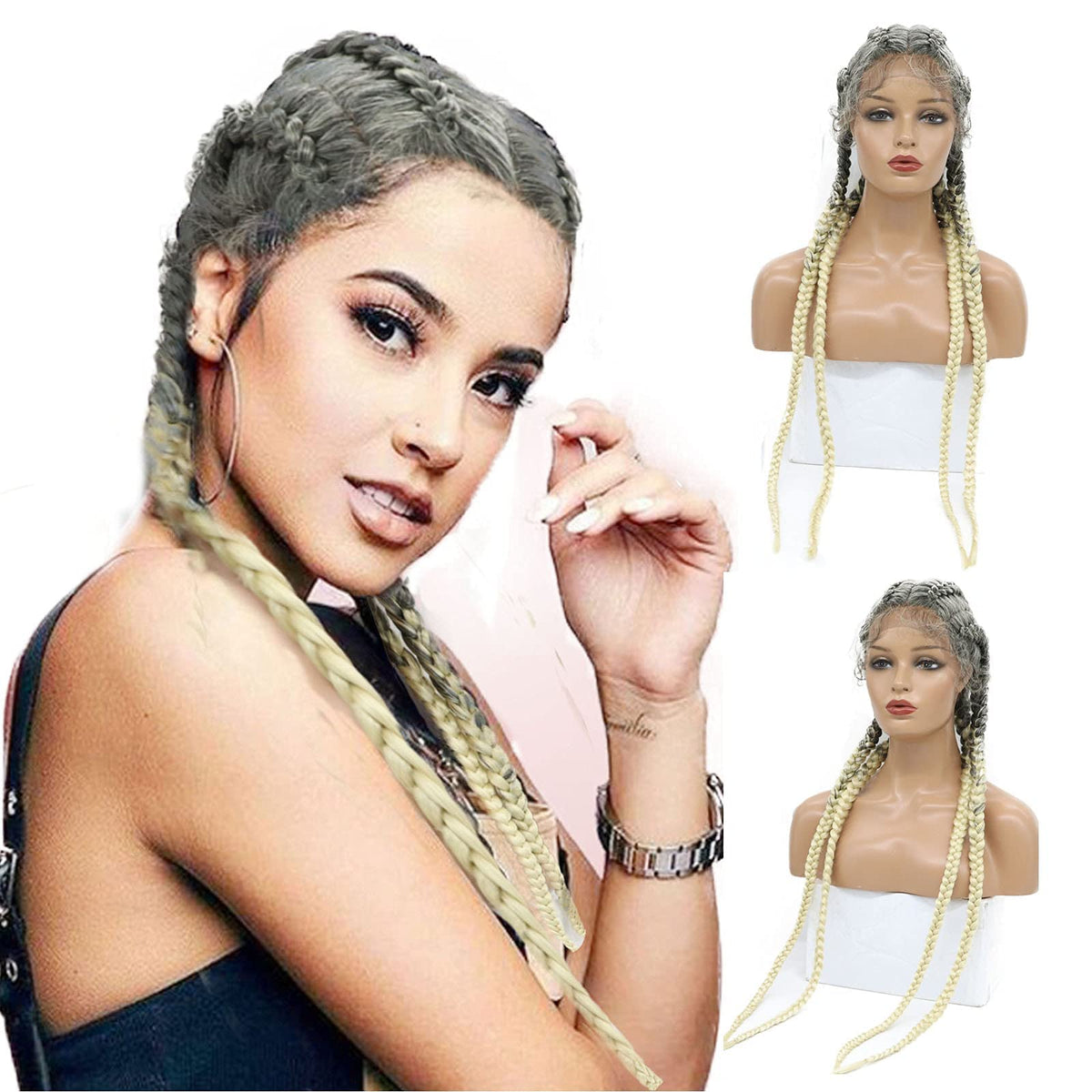 Karissa Hair Blonde Braided Wig Straight French Braid Wigs for White Women Long Blond Microbraids Wigs Grey Lace Front Synthetic Glueless Braided