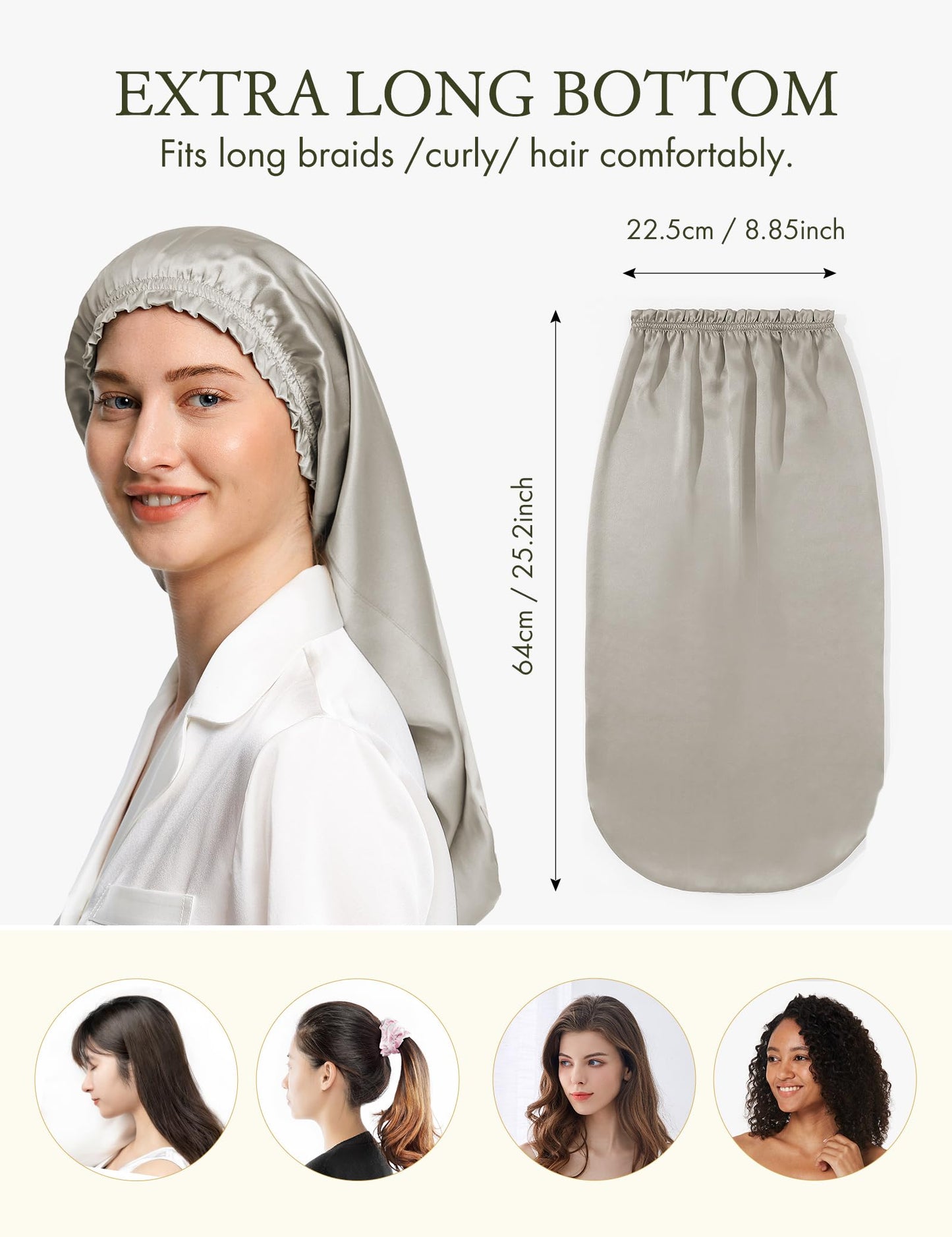 LilySilk Pure Mulberry Silk Long Bonnet for Sleeping - 19MM Silk Hair Cap for Long Curly Hair - Women's Sleep Cap with Elastic Band, Silvergray Beauty and Personal Care LilySilk