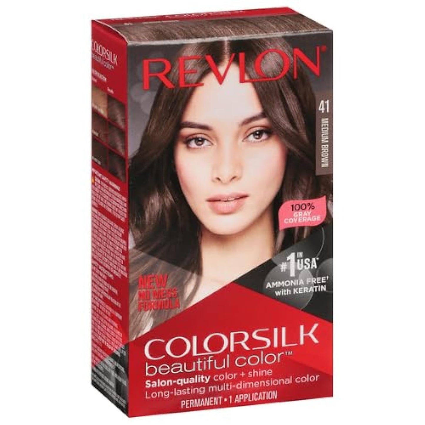Permanent Hair Color by Revlon, Permanent Hair Dye, Colorsilk with 100% Gray Coverage, Ammonia-Free, Keratin and Amino Acids, 41 Medium Brown, 4.4 Oz Beauty & Personal Care REVLON