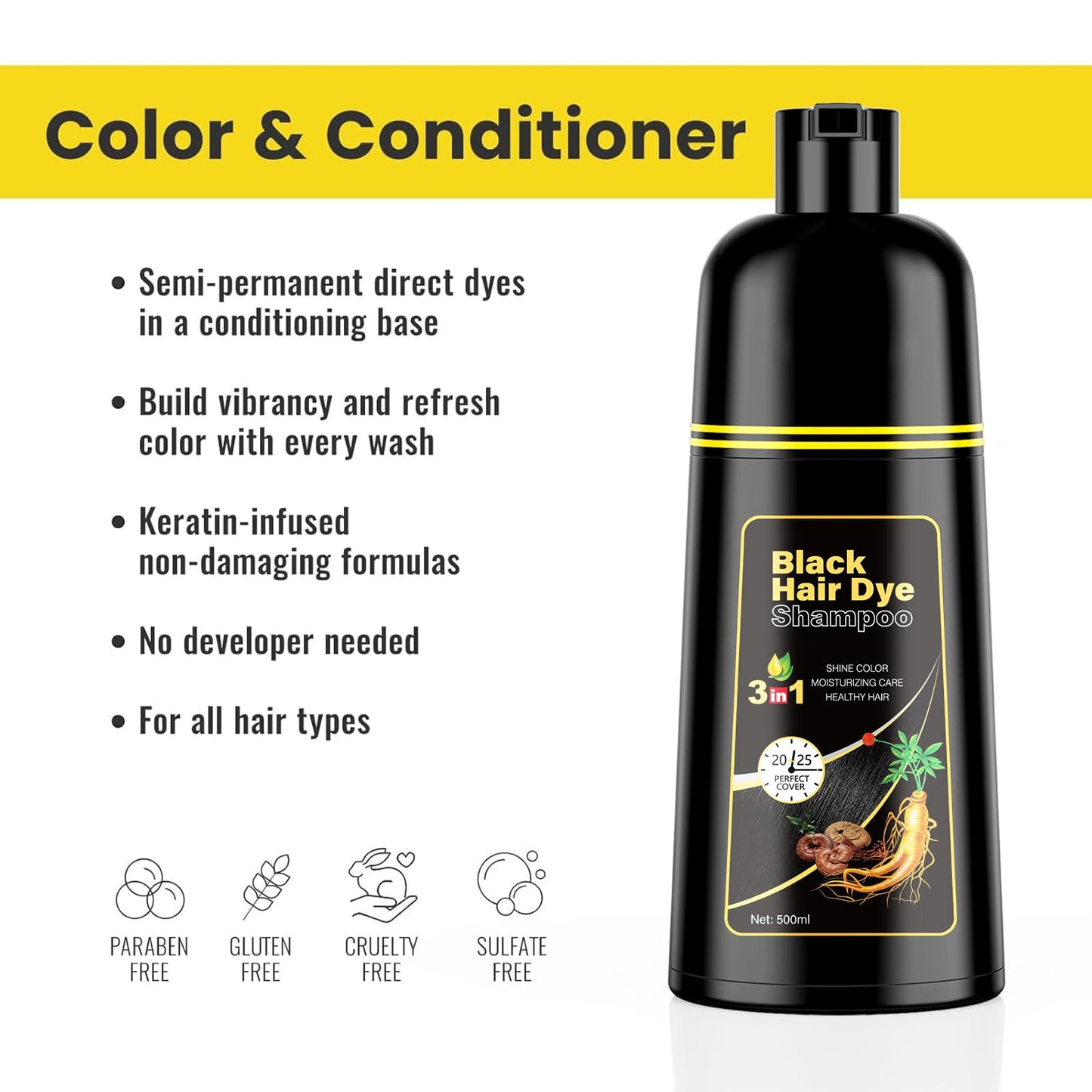 KINGMING Black Hair Dye Shampoo 3 in 1 for Gray Hair, Hair Color Shampoo for Women Men Grey Hair Coverage, Herbal Ingredients Champu Con Tinte Para Beauty and Personal Care Kingming