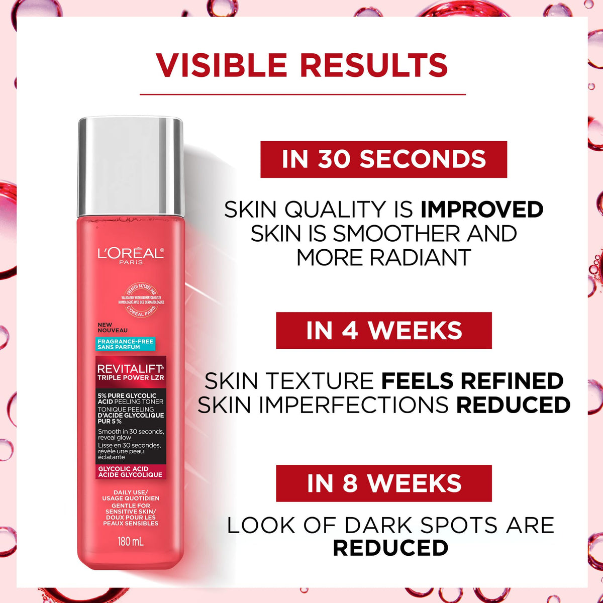 L'Oreal Paris Revitalift 5% Pure Glycolic Acid Peeling Toner with Aloe Vera, Alcohol Free, Fragrance Free 6 fl oz