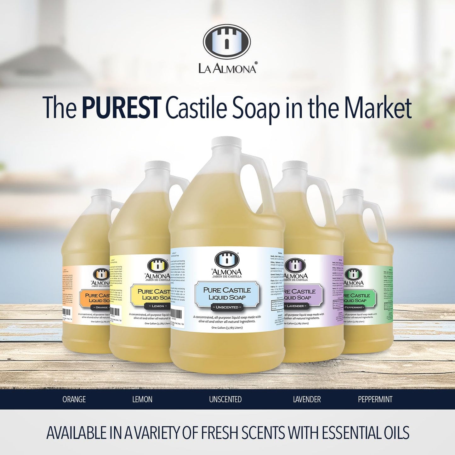 La Almona - Pure Castile Liquid Soap, UNSCENTED, 1 Gallon - Multipurpose: Hands, Face, Body, Laundry, Dishes & More - For Sensitive Skin, All-Natural Beauty & Personal Care La Almona