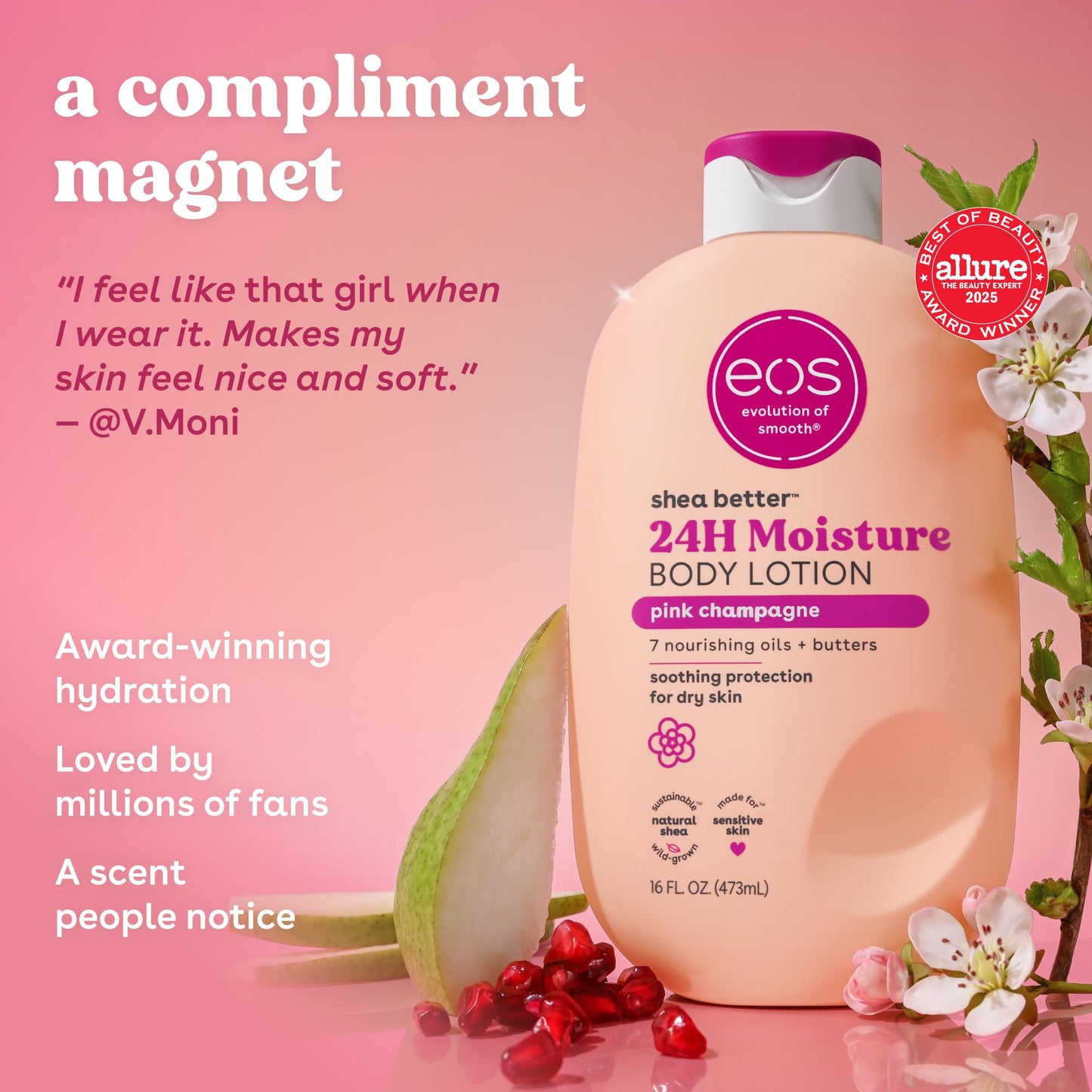 eos Shea Better Body Lotion Pink Champagne, 24-Hour Moisture Skin Care, Lightweight & Non-Greasy, Natural Shea, Vegan, 16 fl oz Beauty & Personal Care eos