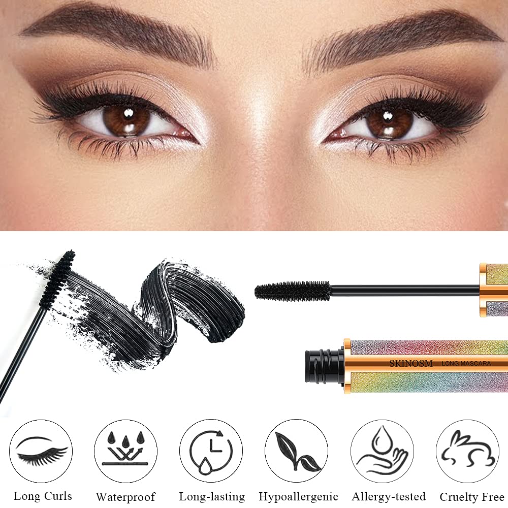 2 Pack Black Volume & Length Lasting All Day Mascara, 4D Silk Fiber Lash, Waterproof Lengthening No Clumping & Smudging Beauty & Personal Care SKINOSM
