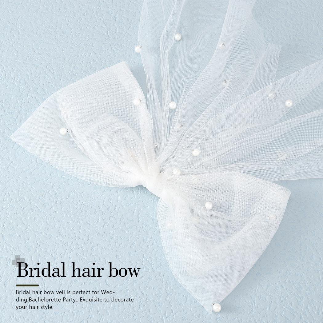 JEAIRTS Bridal Hair Bow Veil Pearl Wedding Hair Piece White Tulle Bow with Clip Bachelorette Party Hair Accessories for Women Beauty & Personal Care JEAIRTS