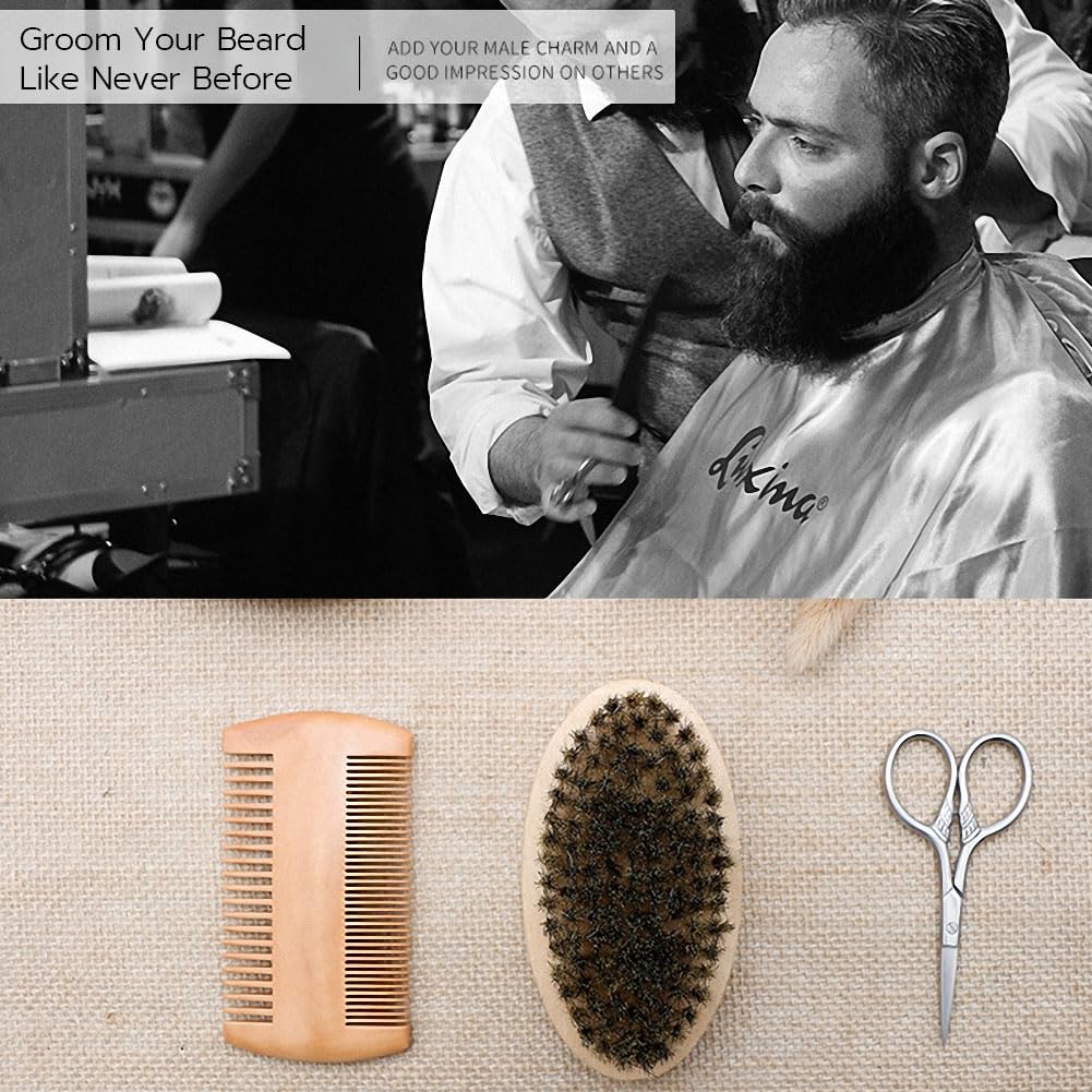 Hair Dough Beard Brush & Comb, Scissors Set for Men, Set Includes Soft Boar Bristle Brush, Bamboo Wide Tooth Comb, and Mustache Trimming Scissors Beauty & Personal Care AOHO MOOON