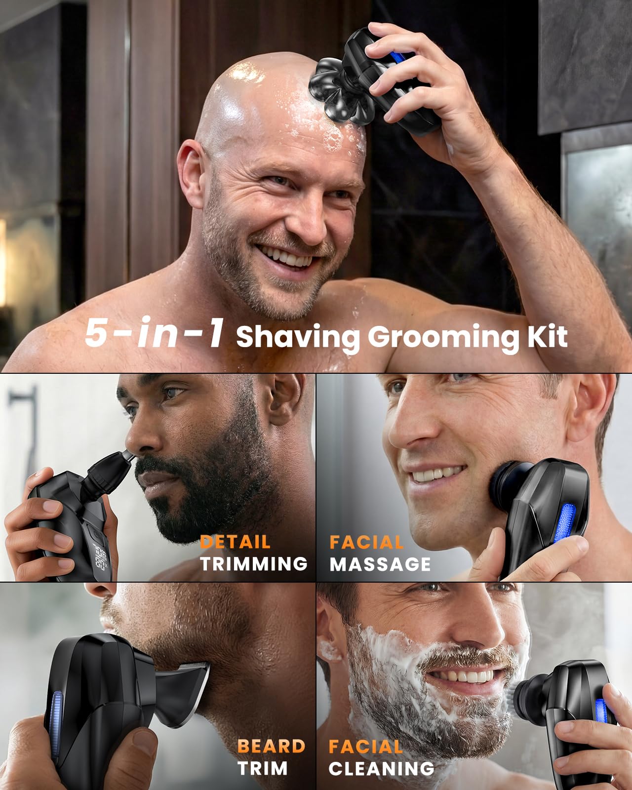 Vylto Head Shavers for Bald Men, 5-in-1 Electric Shaver Grooming Kit, 7D Floating IPX7 Waterproof Rechargeable Wet/Dry Razor for Skull Bald Head, Body Beauty and Personal Care Vylto