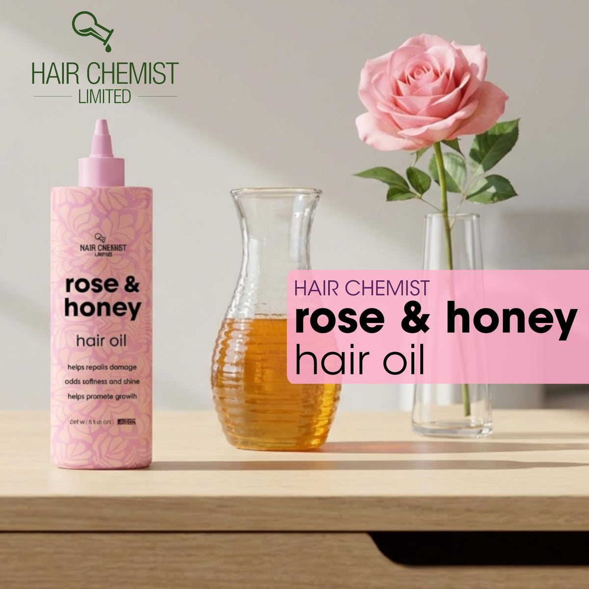 Hair Chemist Rose & Honey Hair Oil 8 oz. - Repairing Hair Treatment, Adds Softness and Shine