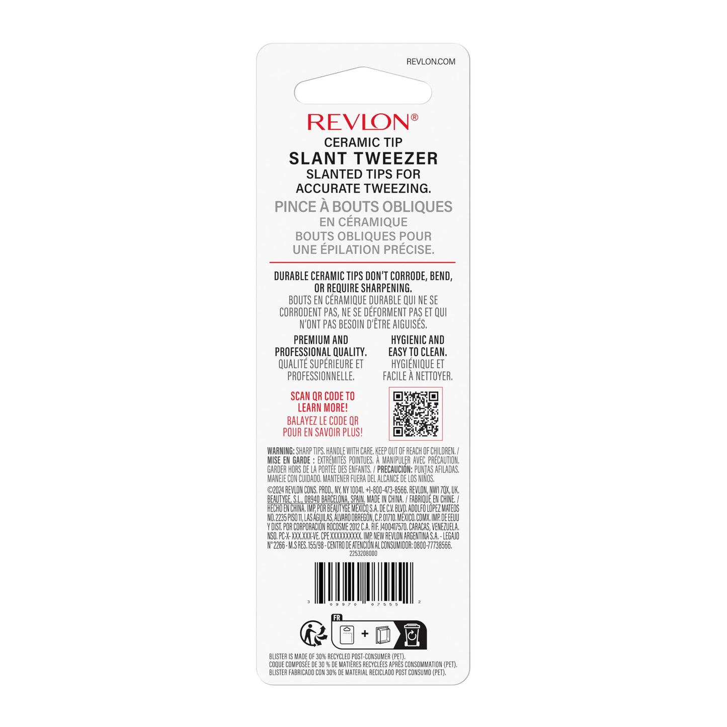 Revlon Ceramic Slanted Tip Tweezers, Precision For Eyebrow Shaping and Fine Hair Removal, Stocking Stuffer for Women & Men, Stainless Steel Body, 1 Beauty & Personal Care REVLON