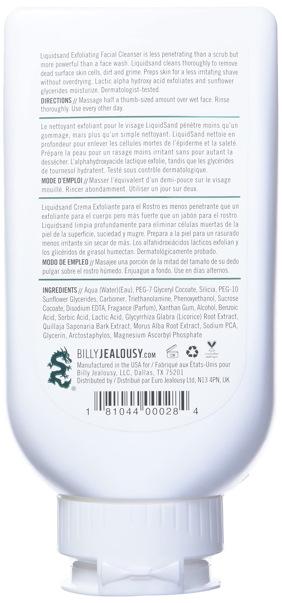 Billy Jealousy LiquidSand Exfoliating Face Cleanser for All Skin Types, Mens Face Wash for Daily Exfoliation of Dead Skin Cells & Grime, Cleans Beauty & Personal Care Billy Jealousy