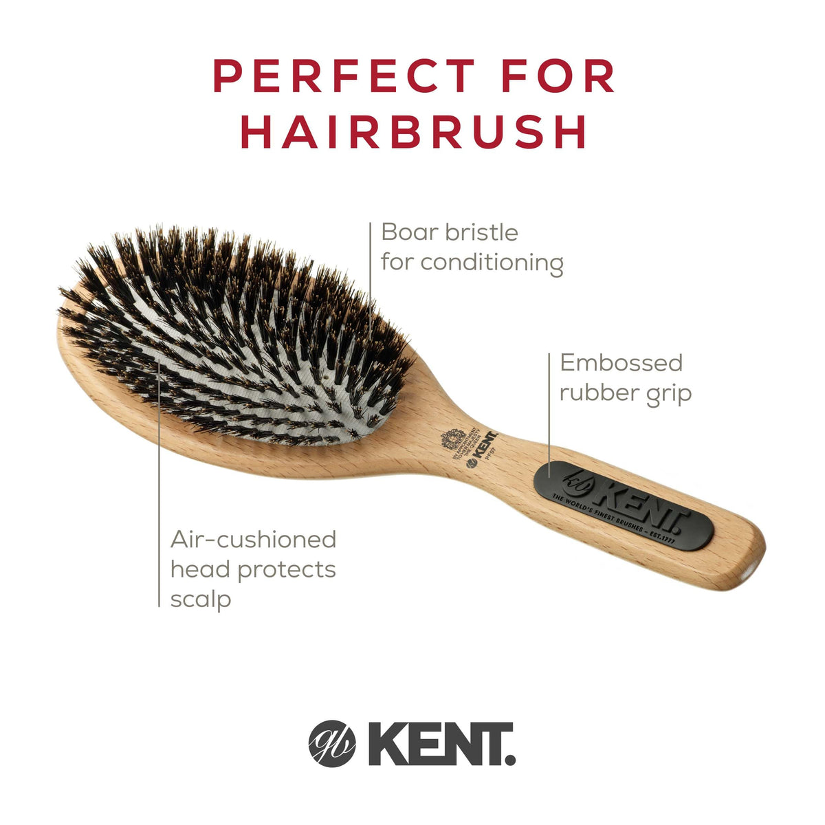 Kent PF07 Extra-Large 100% Boar Bristle and Non-Scratch Nylon Mix Cushion Brush - Wooden Detangling and Oval Smoothing Paddle Brush for Thin Hair -