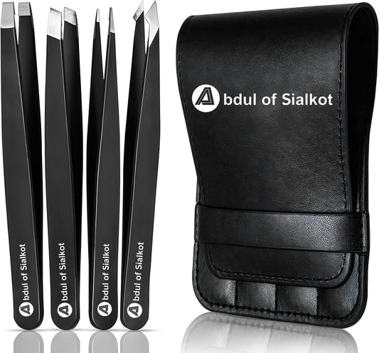 Abdul of Sialkot Eyebrow Tweezer Set for Women & Men - Professional Slant and Pointed Tweezers Set with Case - Precision Tweezers Kit for Facial Hair Beauty & Personal Care Abdul of Sialkot