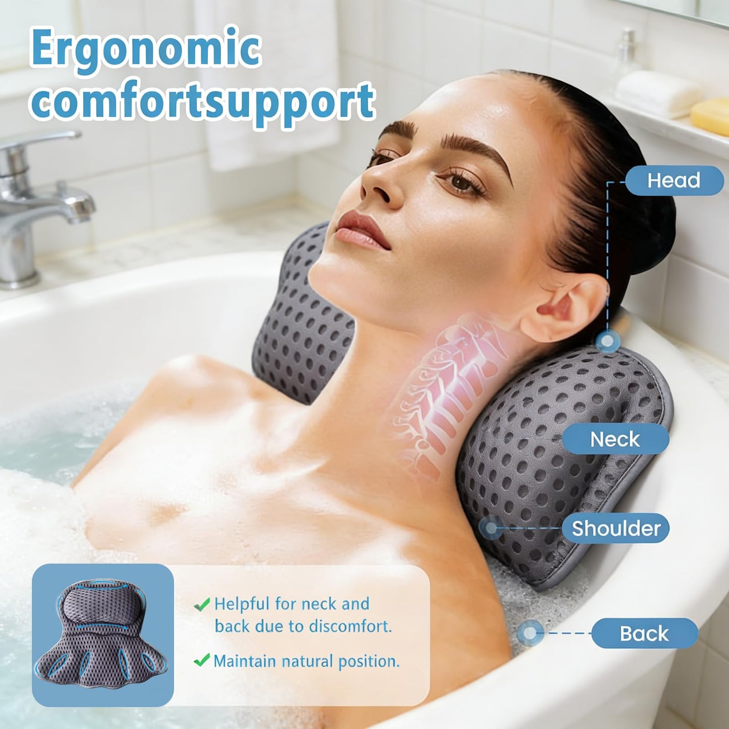 Luxury Bathtub Pillow, 4D Air Mesh Soft Bath Pillows for Tub, Ergonomic Neck & Back Support, Non-Slip Suction Cups Head Neck Support Hot Tub Pillow Beauty and Personal Care LYLIZHUANG