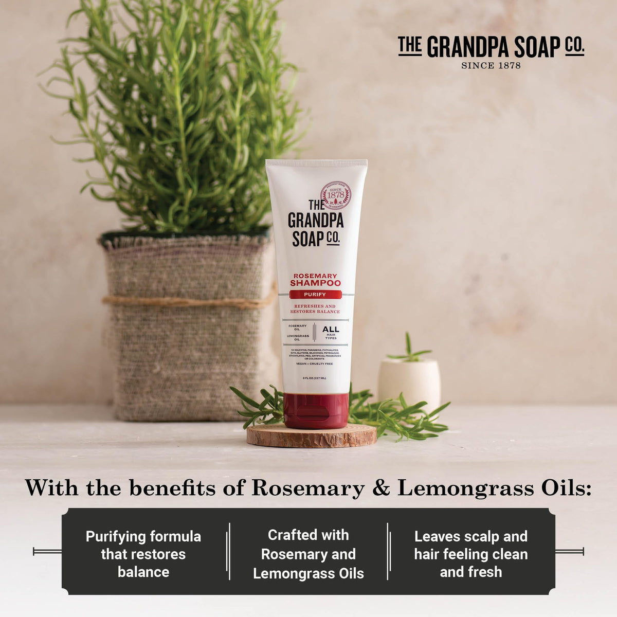 The Grandpa Soap Company Shampoo - Purifying With Rosemary and Lemongrass Oils, Leaves Scalp and Hair Feeling Clean and Fresh, All Hair Types, Vegan Beauty & Personal Care The Grandpa Soap Company