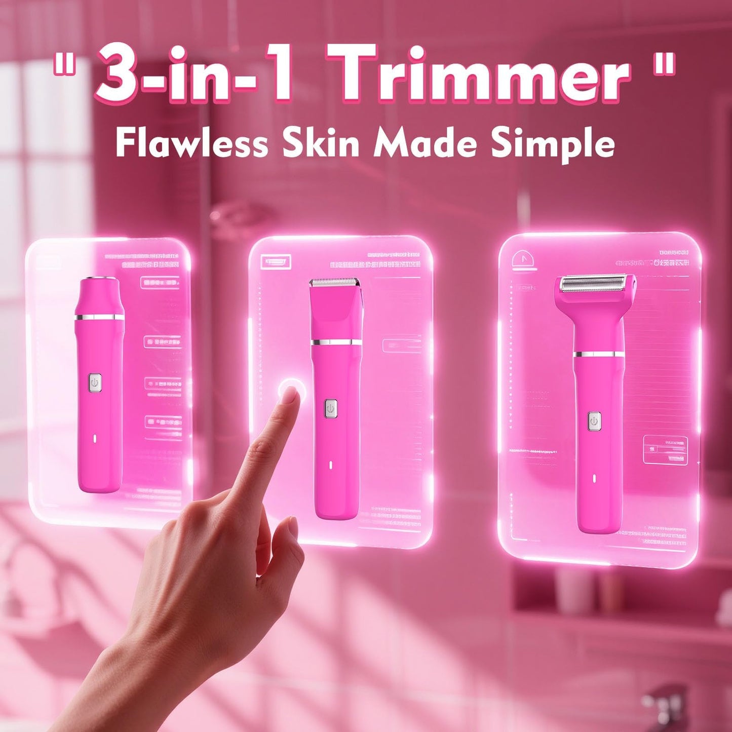 Bikini Trimmer for Women - IPX7 Waterproof Pubic Hair Remover for Shower & Travel, 3-in-1 Bikini Trimmer with Body/Round/Curved Heads, Hypoallergenic Beauty and Personal Care Risina