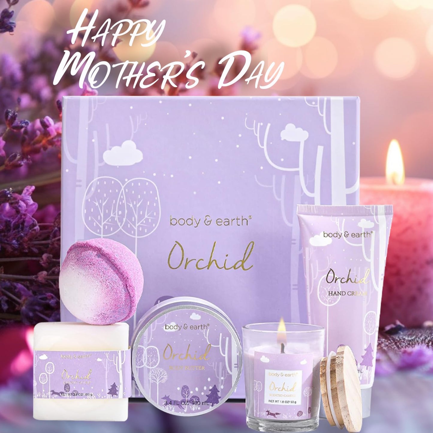 Spa Gifts for Women, Body & Earth 5 Pcs Gifts for Women Orchid Gift Sets, Bath and Body Womens Bath Gifts, Mothers Day Gift Beauty and Personal Care BODY & EARTH