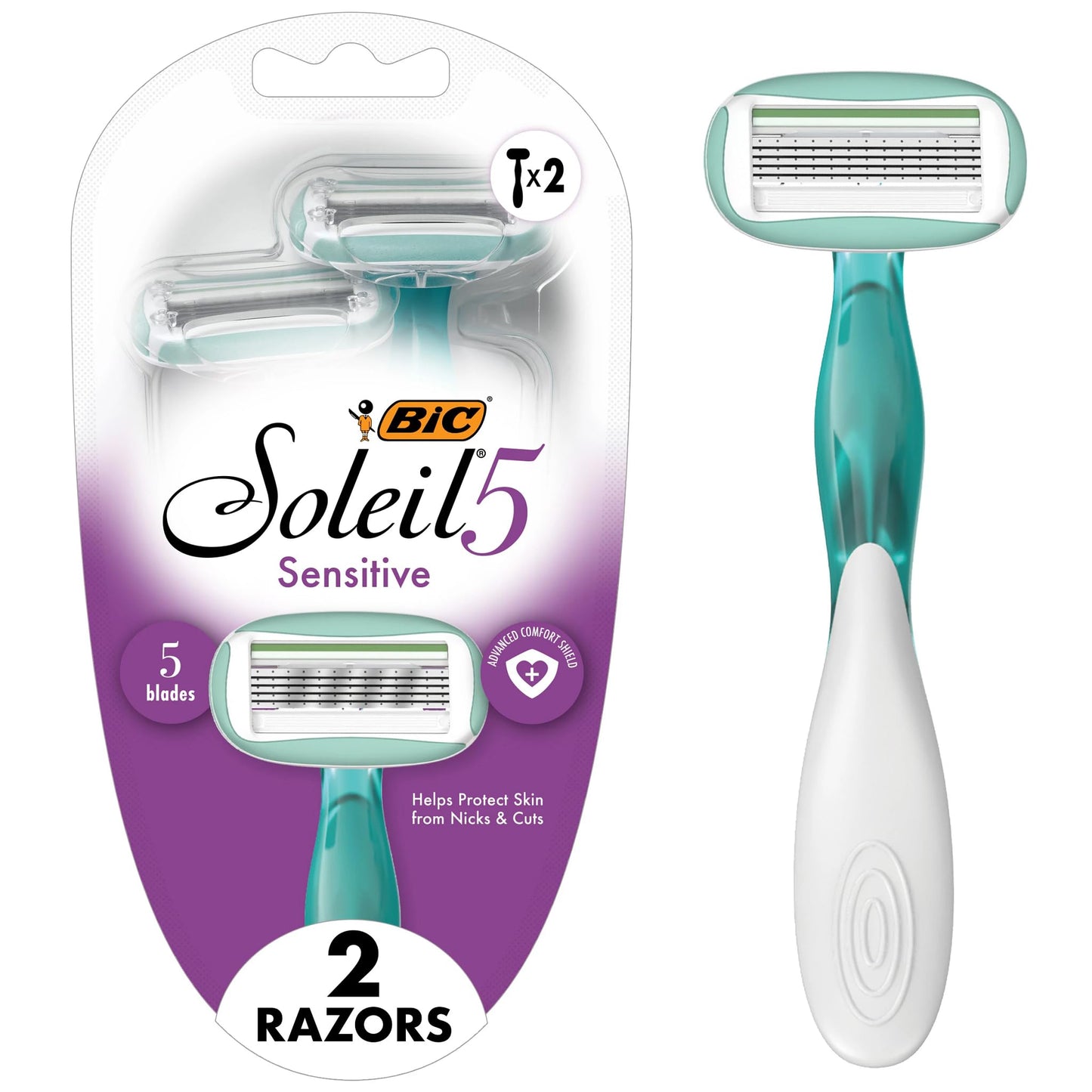 BIC Soleil 5 Sensitive Women's Disposable Razors With 360 Degree Moisture Strips For Enhanced Glide, Shaving Razors With 5 Blades, 2 Count Beauty and Personal Care BIC Default Title