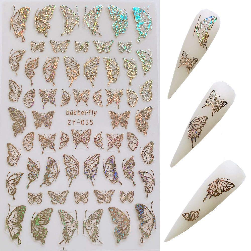 NAIL ANGEL 8Sheets Nail Art Adhesive Sticker Sheets Different Laser Gold and Silver Color Butterfly Shapes Nail Art Decoration 10238 Beauty & Personal Care NAIL ANGEL