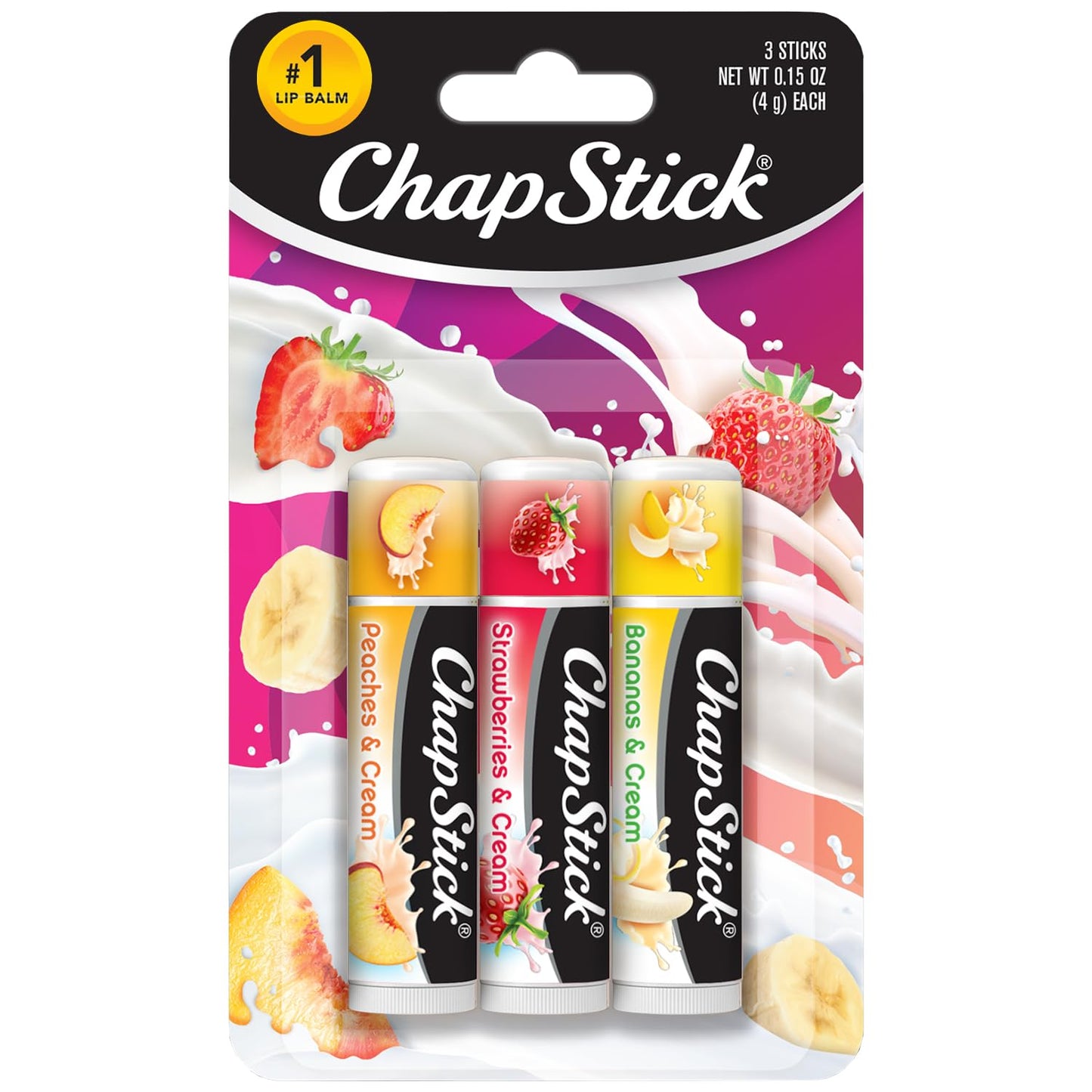 ChapStick Lip Balm Fruit & Cream 3-Pack Collection - Peach, Strawberry & Banana Flavors, 0.15 Oz Ea Beauty and Personal Care ChapStick