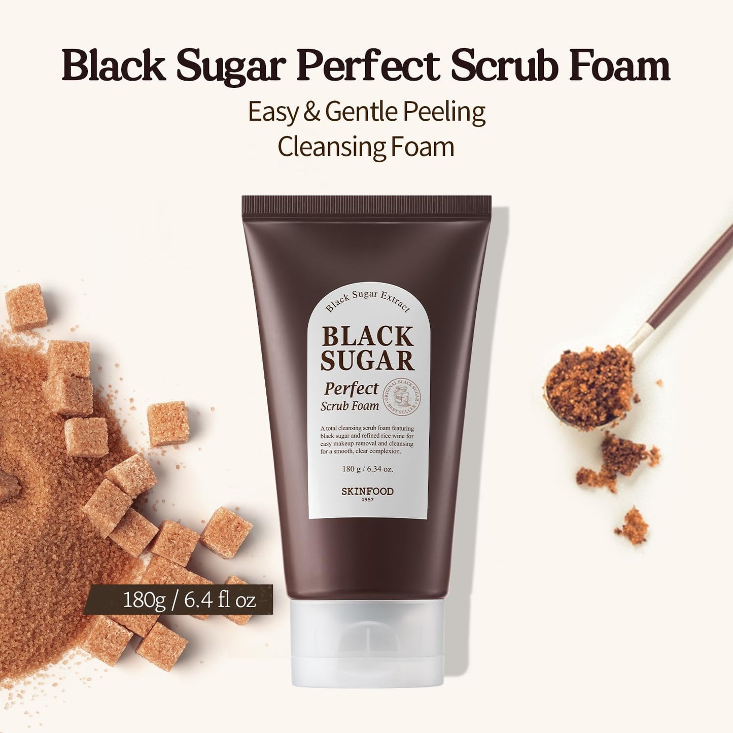 SKINFOOD Black Sugar Perfect Scrub Foam 180g - Detoxifying Pore Scrubs & Exfoliator Soft & Rich Bubble Facial Foam Cleanser, Removes Dead Skin Cells Beauty & Personal Care SKINFOOD 1957