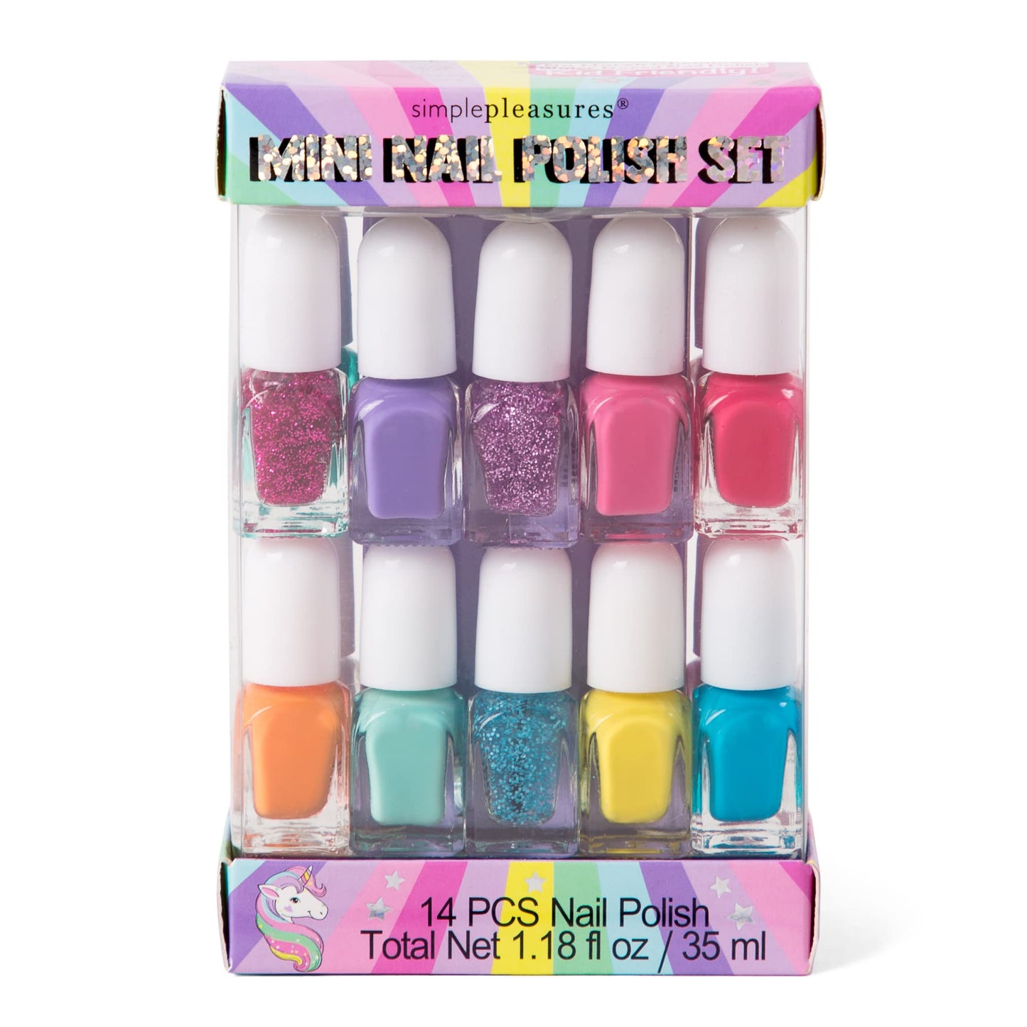 SIMPLE PLEASURES Rainbow Glitter Kids Nail Polish Set for Girls - 14 Water-Based Non -Toxic Nail Art Kit - Gift Set for Ages 7-12 Beauty & Personal Care SIMPLE PLEASURES