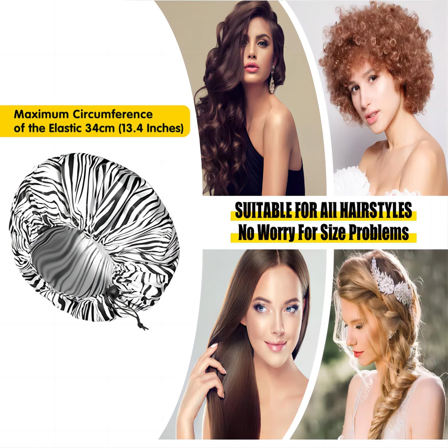 Fishent Shower Cap, Large Shower Caps for Women Reusable Double Layer Waterproof, Adjustable Extra Large Shower Cap for Long Hair and Braids?Zebra Beauty & Personal Care Fishent