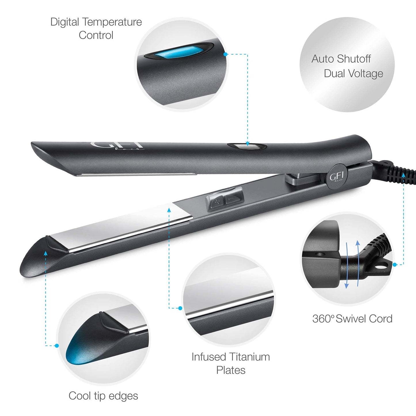 GFI Hair Straightener - Turbo Heating Element - Titanium Flat Iron - Straightens & Curls Any Hair Type - Temperature Control - Pouch & Glove Included Beauty & Personal Care GFI